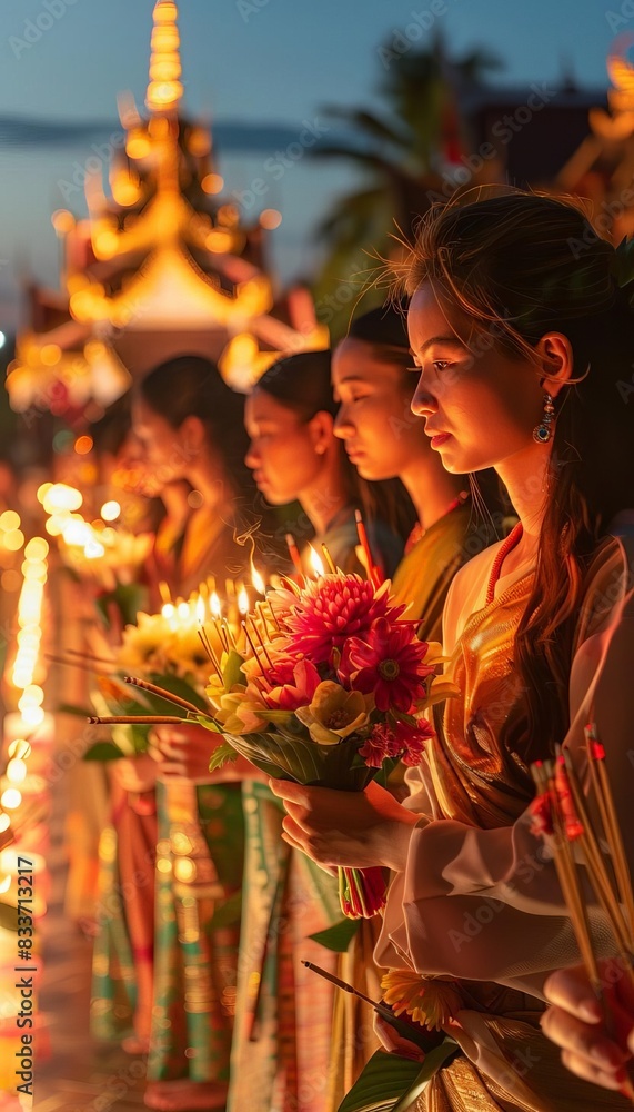 Fototapeta premium People in traditional clothes holding flowers, incense, and candles in a Vesak Day procession around a pagoda, serene evening, spiritual and festive atmosphere