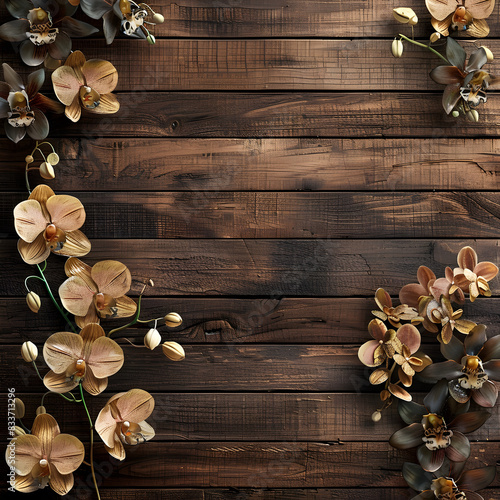 A wooden frame with a floral border and a large flower in the center. The frame is brown and the flowers are gold. Scene is warm and inviting