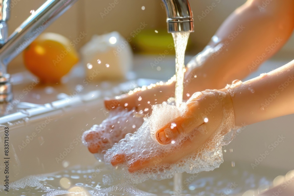 Fototapeta premium Closeup of a child's soapy hands being washed under running water in a sink