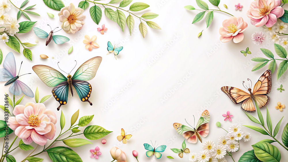 Obraz premium Butterflies, flowers and leaves serve as backgrounds for congratulation cards on various occasions.