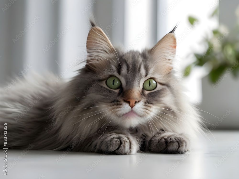 Fototapeta premium Funny large longhair gray kitten with beautiful big green eyes lying on white table. 