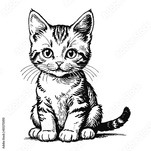Moggie Cat Kitten Hand Drawn Engraved Ink Line Art Sketch Illustration © Reytr