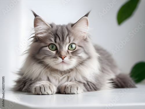 Funny large longhair gray kitten with beautiful big green eyes lying on white table. © Natasa
