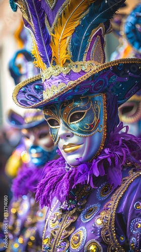Fototapeta Naklejka Na Ścianę i Meble -  Elaborate Carnival Mask and Costume of Mardi Gras Reveler in Vibrant Street Scene