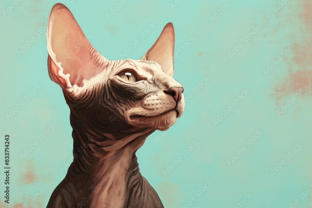 Portrait of a happy peterbald cat in soft teal background