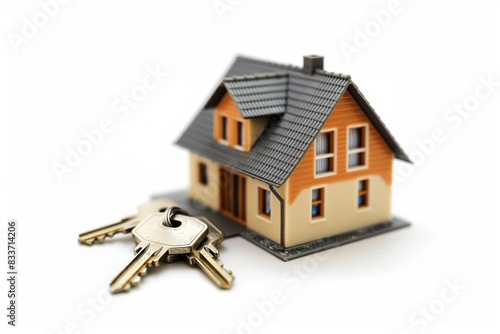 Model of a miniature house next to a key ring on an table on isolated white background. Real estate concept. © Lux Images