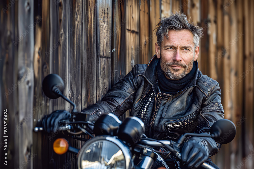 portrait of handsome man with leather jacket sitting on a motorcycle