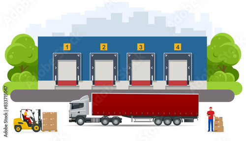 Large modern warehouse with truck. Logistics, Warehouse, Freight, Cargo Transportation. Storage of goods. Forklift truck with boxes on pallet. Busy delivery man pushing hand truck stacked