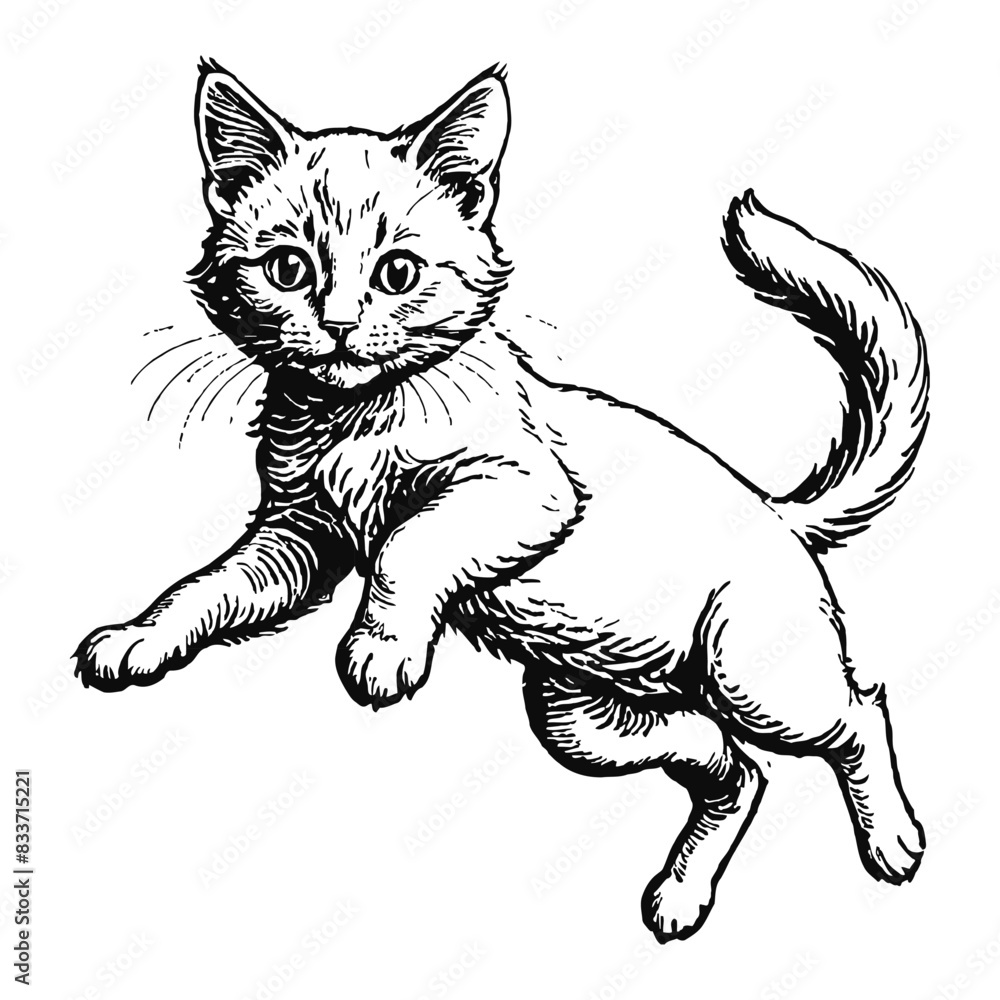Fototapeta premium Nebelung Cat Kitten Hand Drawn Engraved Ink Line Art Sketch Illustration