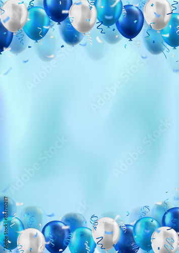 Template of 3d realistic glossy balloons with confetti on blurred blue vertical background and space for invitation or greeting text. Party banner for birthday party, sale, opening event, holidays