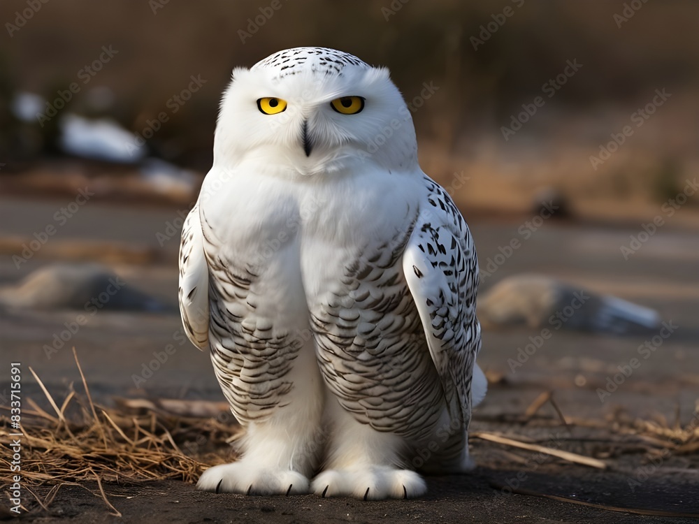 White snowy owl sits in the snow in the field White snowy owl sits in the snow in the field