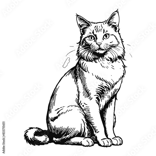 Nebelung Cat Hand Drawn Engraved Ink Line Art Sketch Illustration