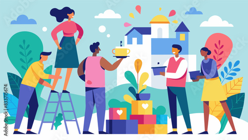 A group of local business owners coming together to fund a community art project beautifying the streets with colorful murals and sculptures.. Vector illustration