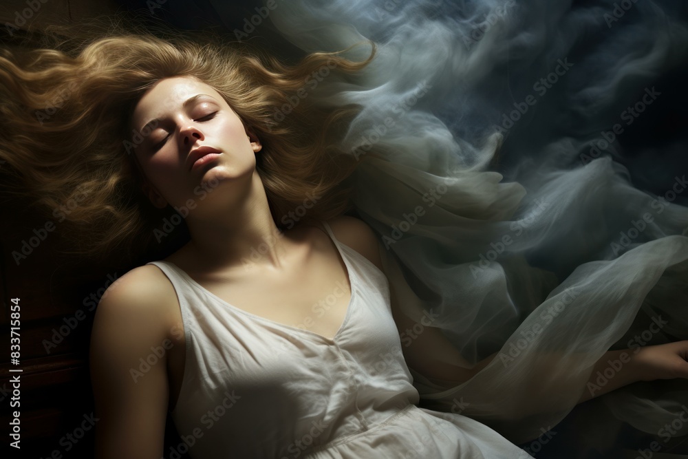 Serene woman lies asleep surrounded by soft, dreamlike smoke, conveying peace and mystery Serene woman lies asleep surrounded by soft, dreamlike smoke, conveying peace and mystery