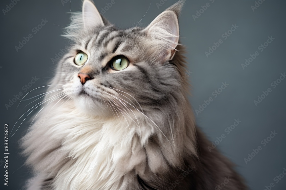 Portrait of a smiling siberian cat on soft gray background
