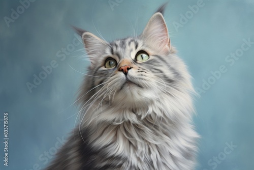 Portrait of a smiling siberian cat while standing against soft gray background