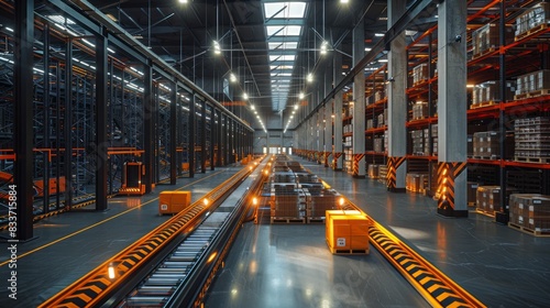 Warehouse with automated storage and retrieval systems efficiently sorting goods.
