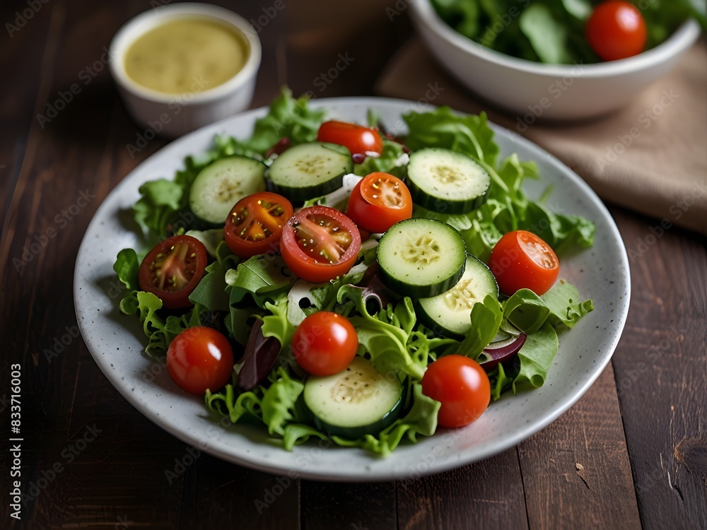 Fresh green salad with mixed greens, cherry tomatoes, cucumber slices, and a light vinaigrette, healthy, generative AI Fresh green salad with mixed greens, cherry tomatoes, cucumber slices, and a light vinaigrette, healthy, generative AI