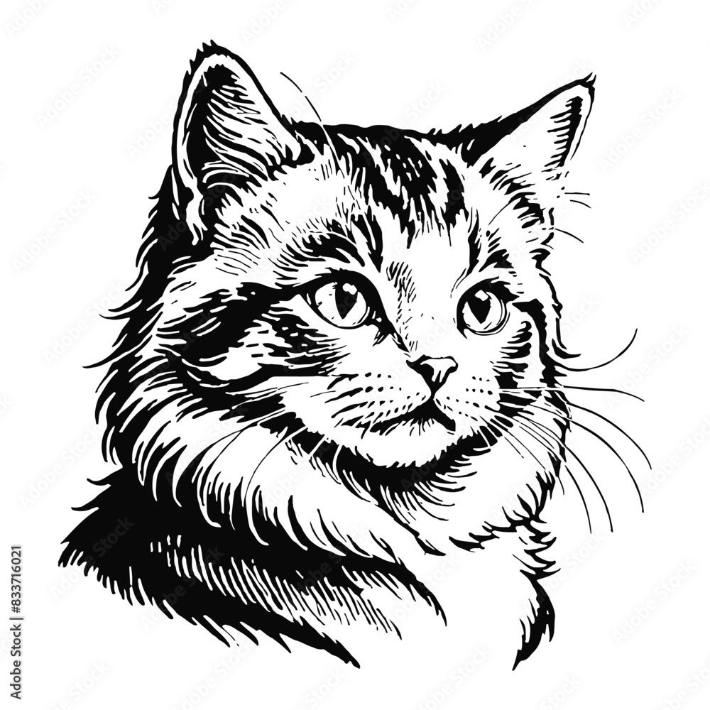 Obraz premium Norwegian Forest Cat Kitten Hand Drawn Engraved Ink Line Art Sketch Illustration