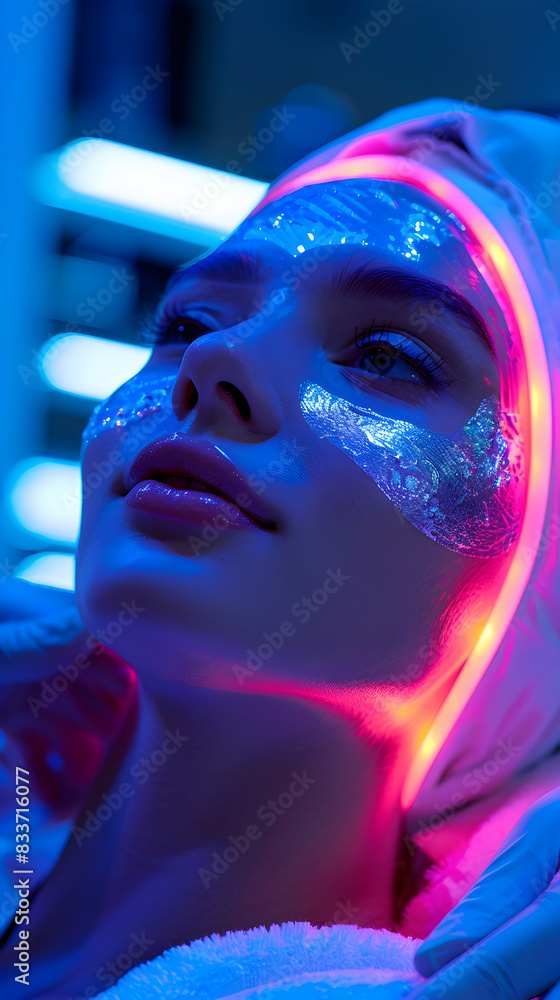Beauty and skincare concept: Esthetician performing LED light therapy treatment for skin rejuvenation and acne reduction. Ideal for advertising campaigns. Photo realistic image. Beauty and skincare concept: Esthetician performing LED light therapy treatment for skin rejuvenation and acne reduction. Ideal for advertising campaigns. Photo realistic image.