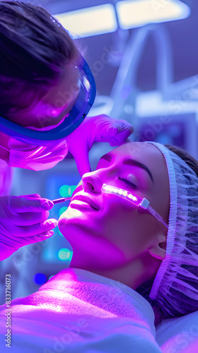 Professional esthetician performing LED light therapy treatment for skin rejuvenation and acne reduction. Perfect for beauty and skincare advertising campaigns on photo stock platf