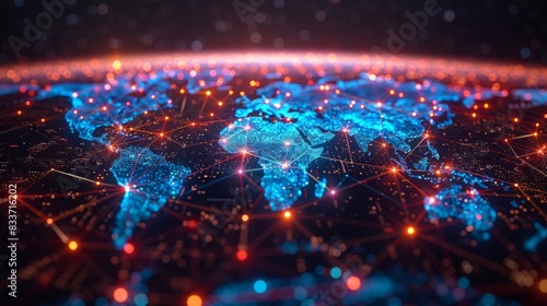 global business concept with a digital world map and communication lines connecting continents, symbolizing globalization and networking in banner design photo
