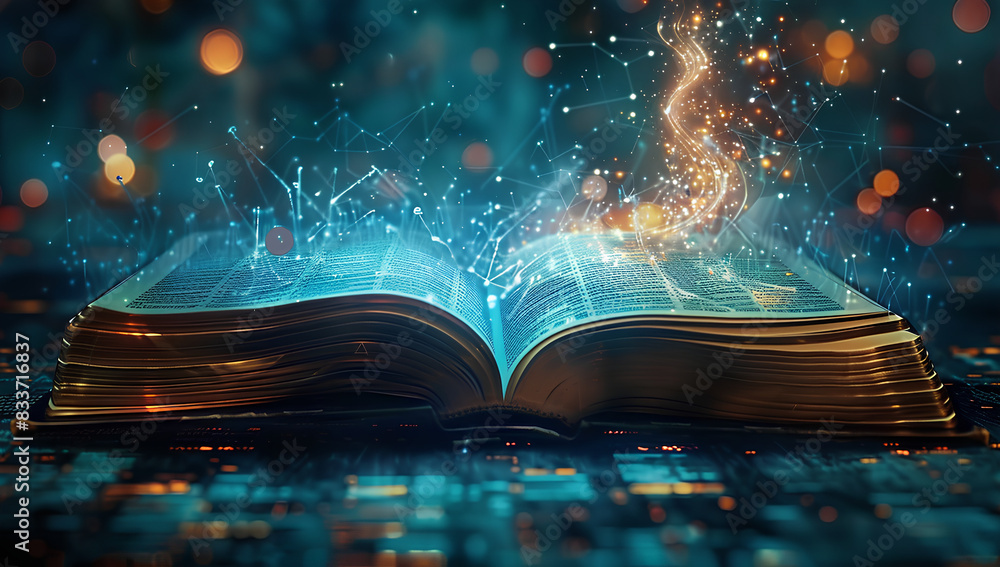 Obraz premium An open book with pages turning into digital data streams, representing the integration of technology and education in AI educational tools. 