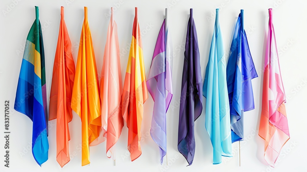 A series of pride flags including rainbow, bisexual, transgender, and more, symbolizing the spectrum of sexual orientations and identities Isolated white background, copy space