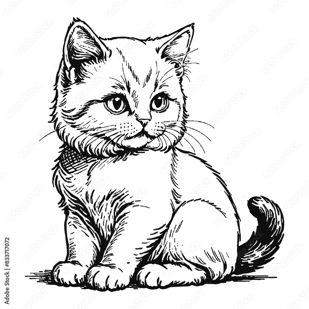 Obraz premium Persian Cat Kitten Hand Drawn Engraved Ink Line Art Sketch Illustration