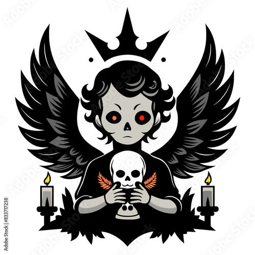 cherub holding a skull with gothic elements such as dark, ornate patterns, and sharp, angular wings. Use deep, dark colors and add elements like candles, ravens, and iron gates