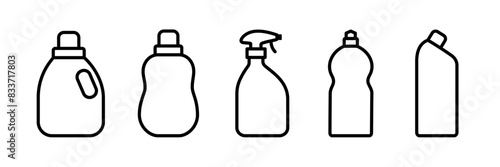 Bottle of cleaning liquid outline icons set. Plastic containers for household chemicals products. Isolated vector illustration 
