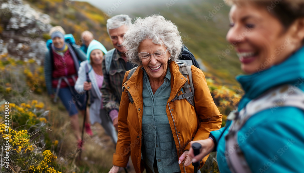 a of a group of senior friends hiking on a scenic trail, helping each other and enjoying nature, Multiracial Group, People, Senior people, Friendship, happy, Adult, a of a group of senior friends hiking on a scenic trail, helping each other and enjoying nature, Multiracial Group, People, Senior people, Friendship, happy, Adult,