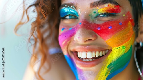 Portrait of a person with rainbow face paint, smiling and expressing their LGBTQ identity proudly Isolated white background, copy space © BURIN93