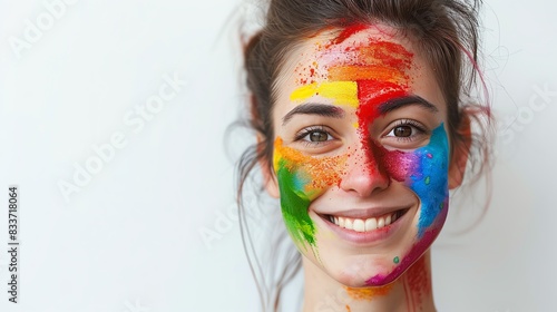 Portrait of a person with rainbow face paint, smiling and expressing their LGBTQ identity proudly Isolated white background, copy space