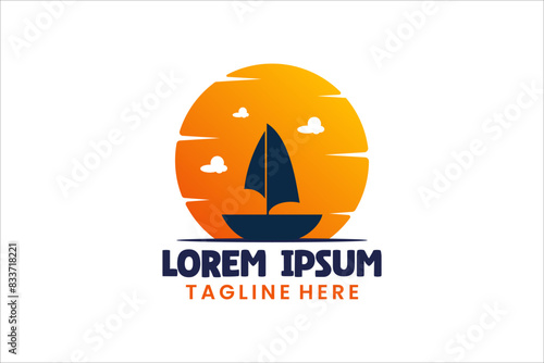 100520247-17.epModern Flat Unique canoe boat logo vintage with sunset background logo template illustration