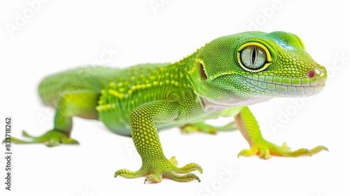 A vibrant green gecko, its bright scales standing out against a transparent backdrop, captured in stunning high definition © Malik