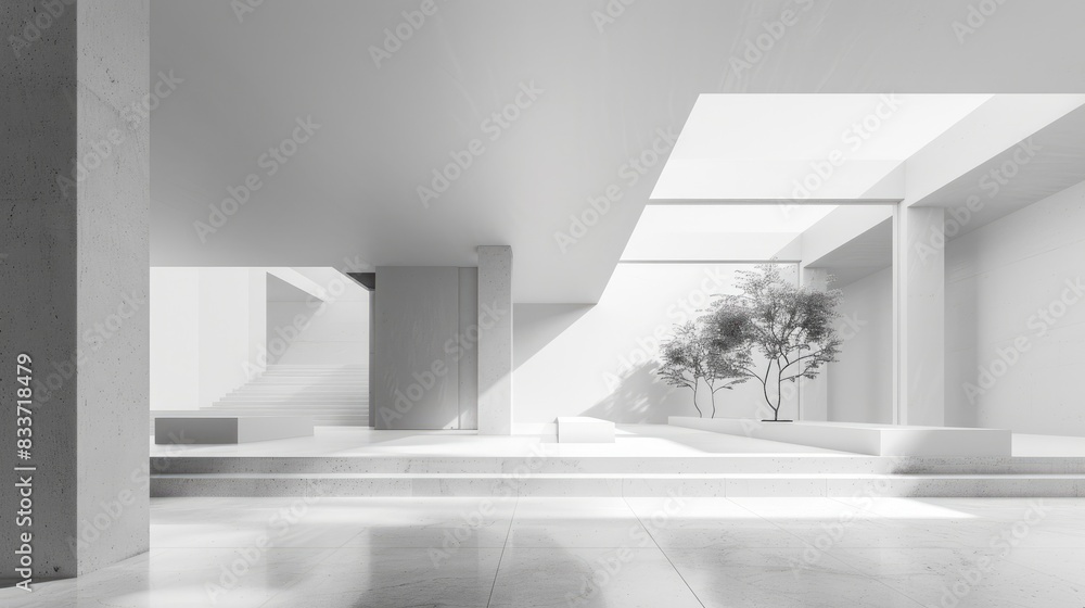 Fototapeta premium Abstract architectural composition with smooth white surfaces and ample empty space, highlighting modern design