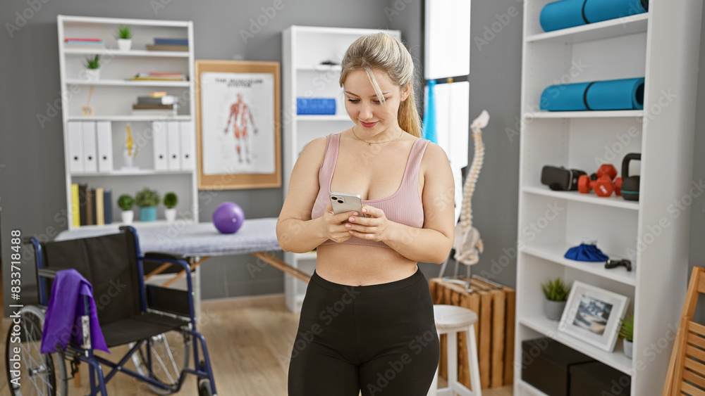 A young woman uses her smartphone in a rehab clinic's therapy room, conveying a sense of modern healthcare. A young woman uses her smartphone in a rehab clinic's therapy room, conveying a sense of modern healthcare.