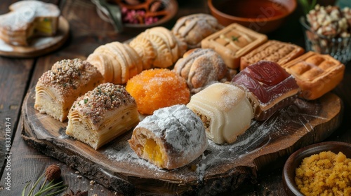 A wooden table with a variety of pastries and desserts photo