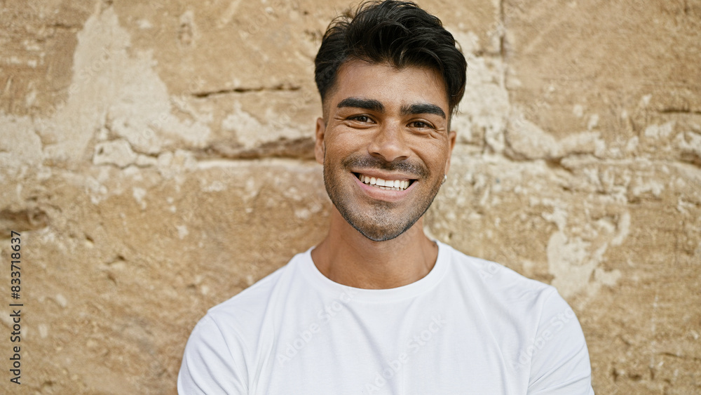 Handsome young hispanic man with a beard smiling in front of an isolated brown brick wall background Handsome young hispanic man with a beard smiling in front of an isolated brown brick wall background