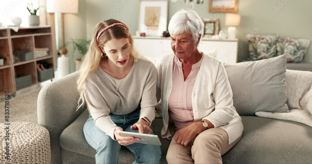 Tablet, grandmother and woman for teaching, explain and internet and technology in home. Communication, read and help for elderly person in retirement, social media and discussion of app service Tablet, grandmother and woman for teaching, explain and internet and technology in home. Communication, read and help for elderly person in retirement, social media and discussion of app service