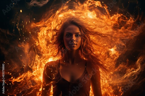 Powerful image of a woman surrounded by intense, swirling flames