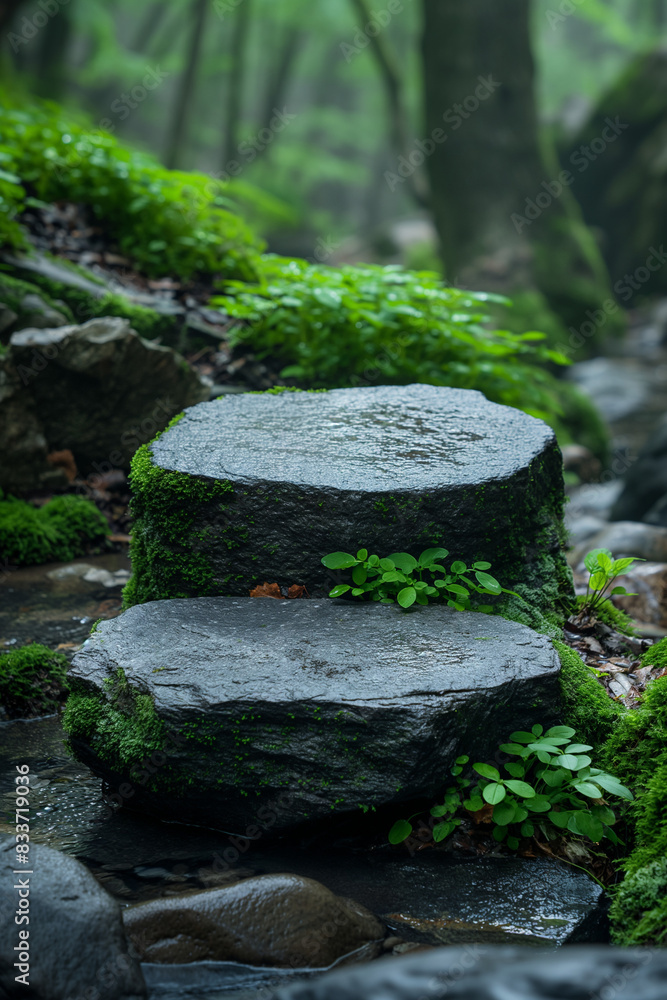 Moss-covered stone steps in a lush forest, creating a tranquil, natural setting. Moss-covered stone steps in a lush forest, creating a tranquil, natural setting.