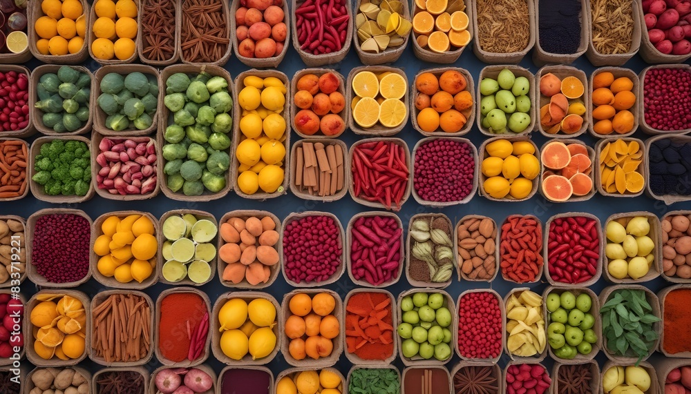 An aerial view of a bustling marketplace filled with stalls selling exotic fruits and spices. An aerial view of a bustling marketplace filled with stalls selling exotic fruits and spices.