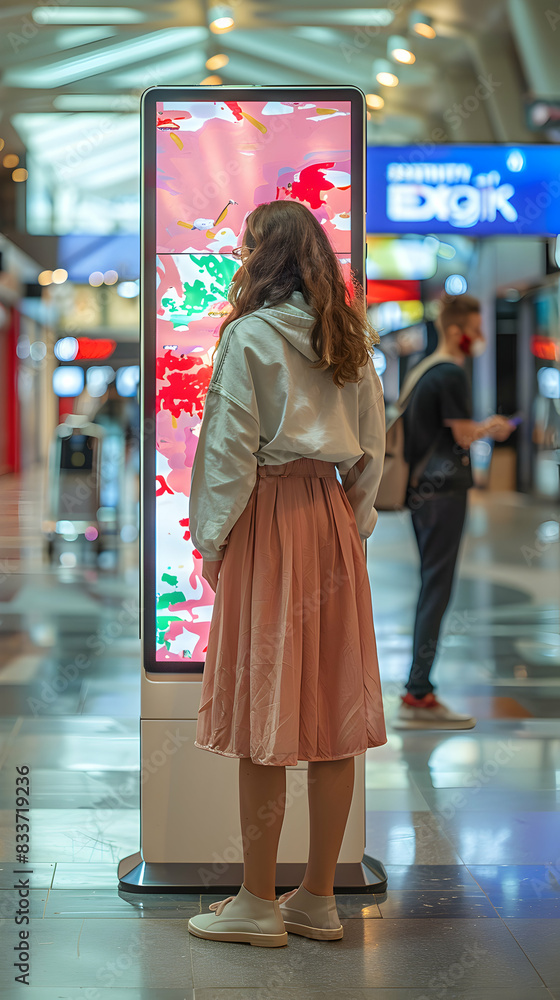 Fashion influencer showcasing mockup trends board in shopping mall, highlighting latest styles. Ideal for fashion and retail marketing ads. Fashion influencer showcasing mockup trends board in shopping mall, highlighting latest styles. Ideal for fashion and retail marketing ads.