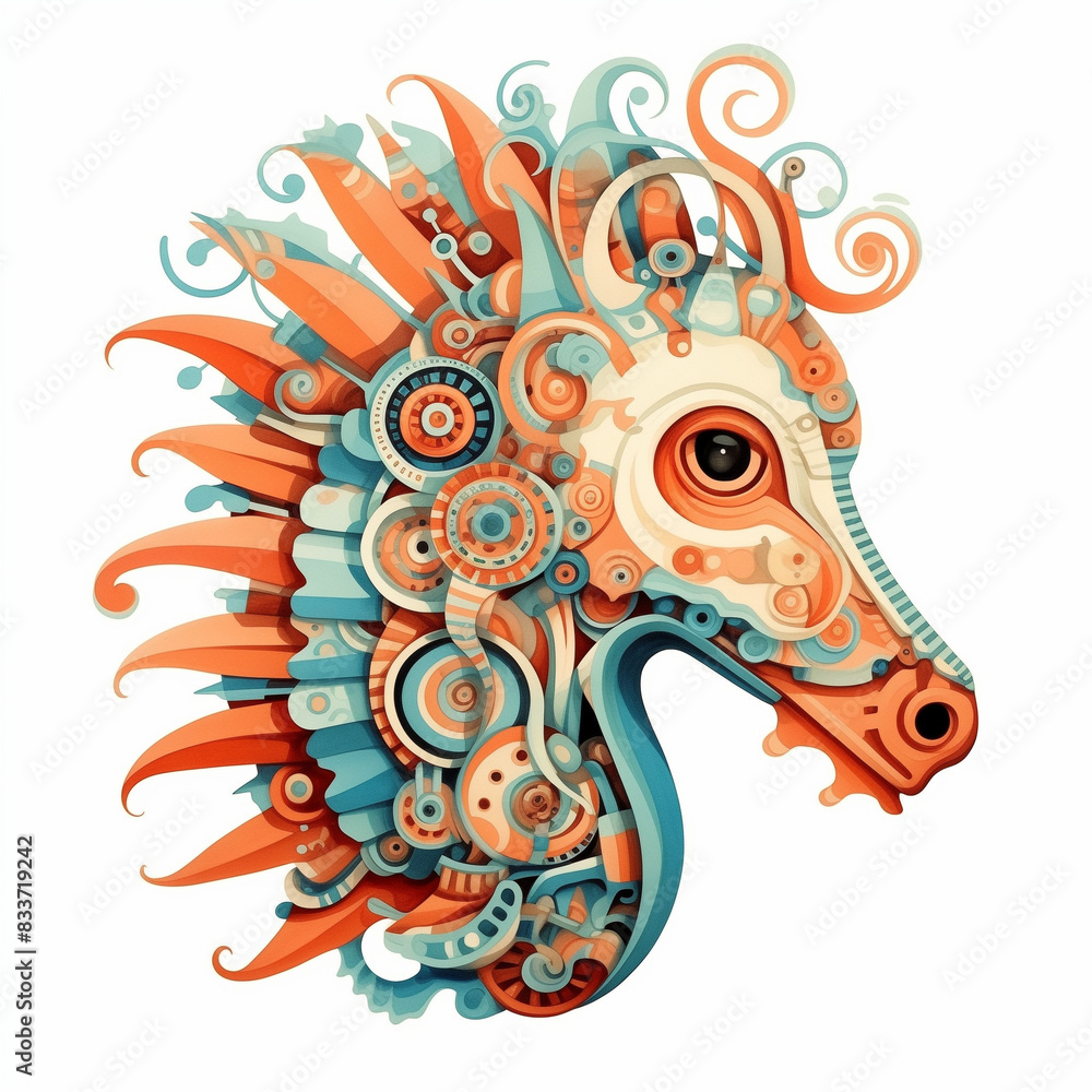 Fototapeta premium This captivating digital artwork showcases a close-up of a horse's head, reimagined with a mesmerizing array of colorful shapes and patterns. 