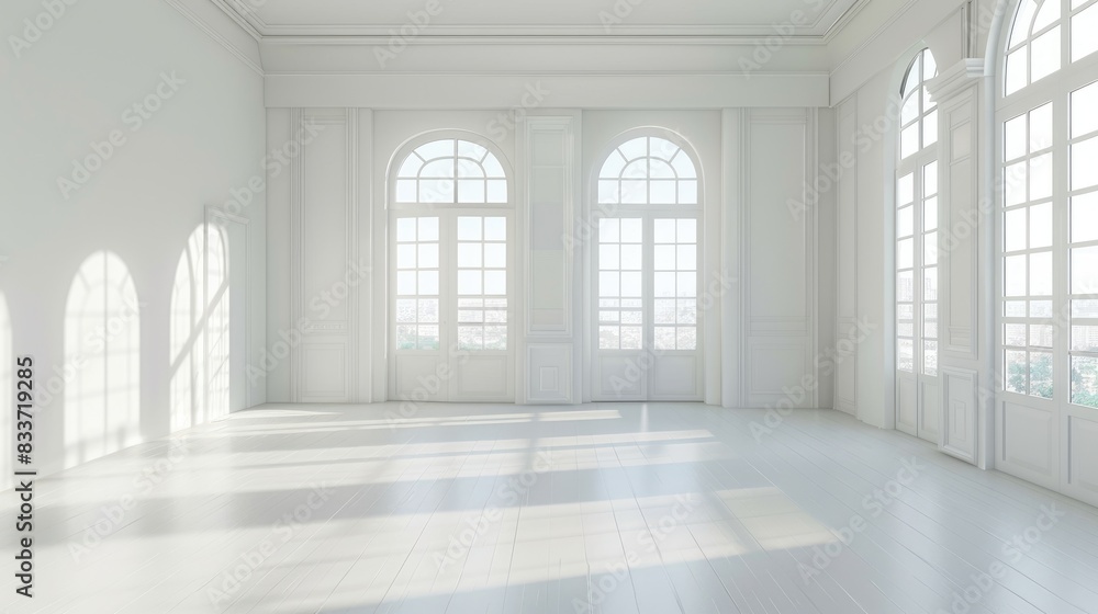 Obraz premium An empty white room with ample natural light and sleek architectural details, presenting a blank canvas for creative exploration and conceptual photography.