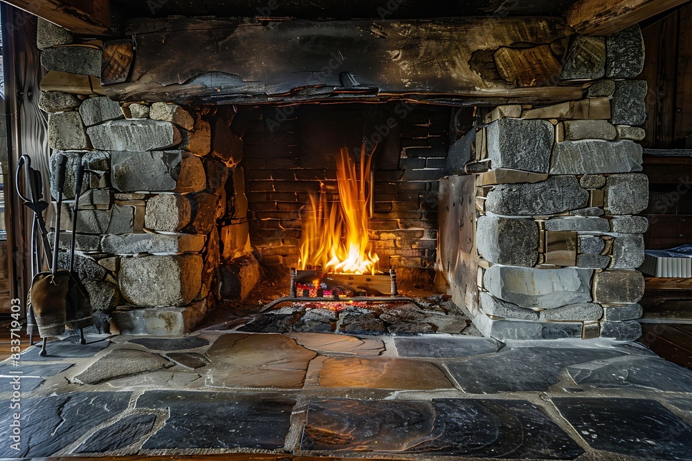 The rhythmic flicker of fire in a traditional stone fireplace