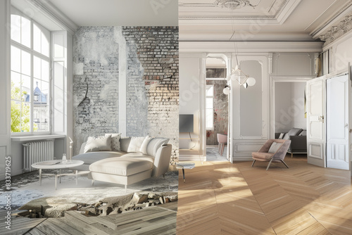 Before-and-after split-screen images illustrating the renovation concept, showcasing an old vintage apartment in a state of disrepair before and its transformation after refurbishment.