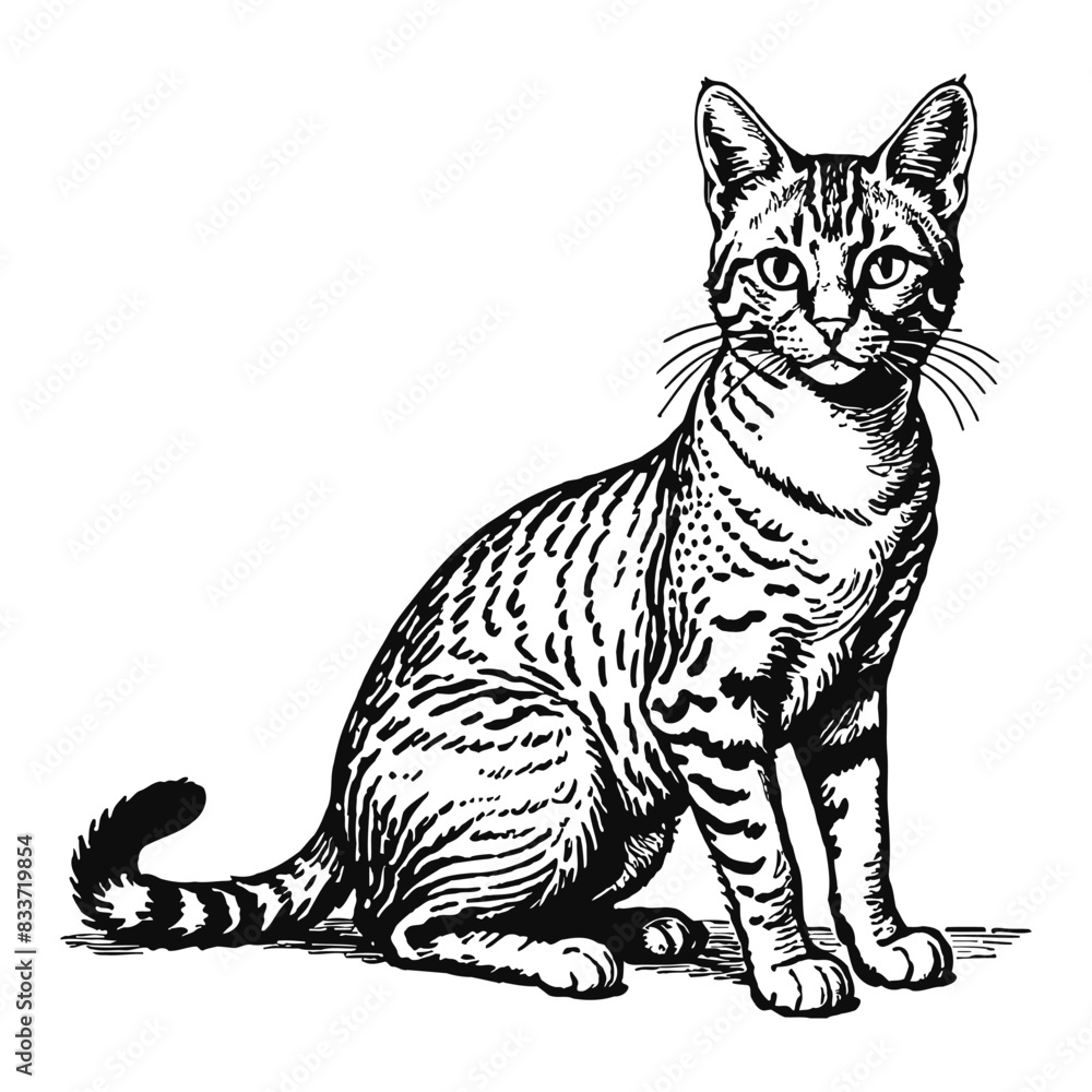 Obraz premium Wild Savannah Cat Hand Drawn Engraved Ink Line Art Sketch Illustration